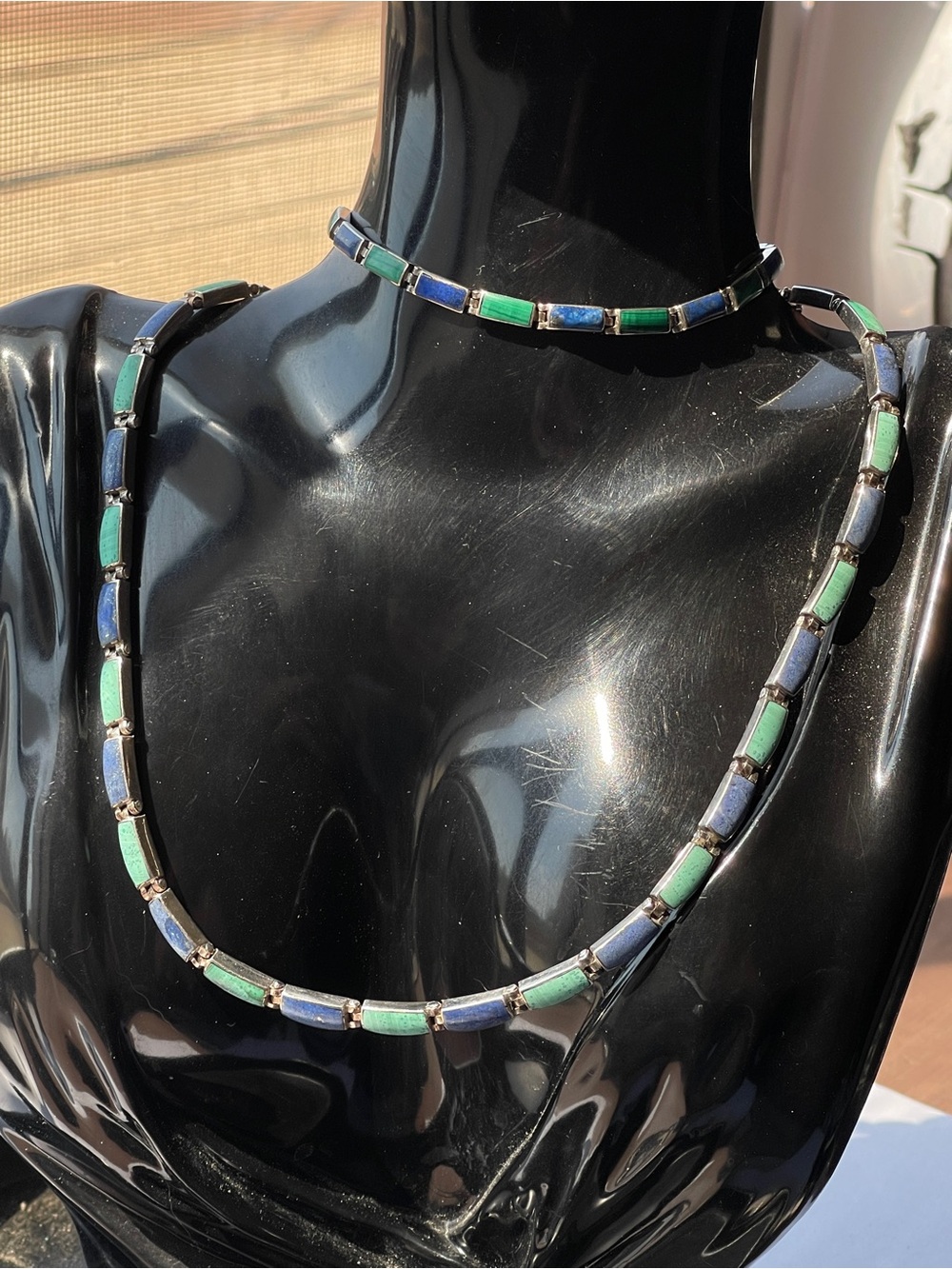 Vintage Mexican 950 Sterling Silver Pin & Hinge Linked Lapis Malachite Necklace